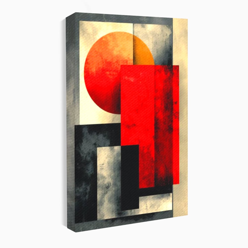 Tablou canvas cu tablou abstract geometric cu soare rosu, fara rama, pe sasiu de lemn